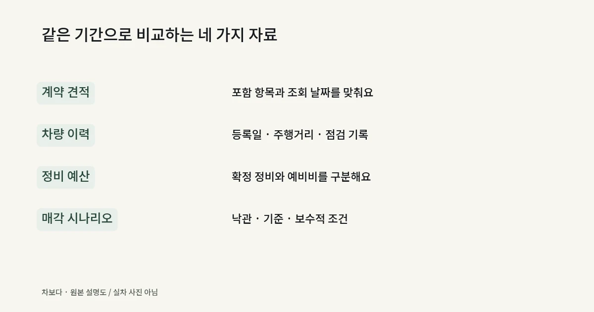 중고차 비교에 필요한 계약 견적, 차량 이력, 정비 예산, 매각 시나리오 체크리스트